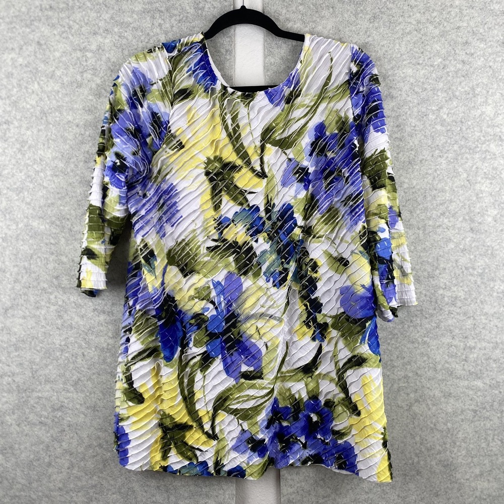 Susan Graver Blouse Womens Large Multicolor Floral Pleated 3/4 Sleeve Tunic